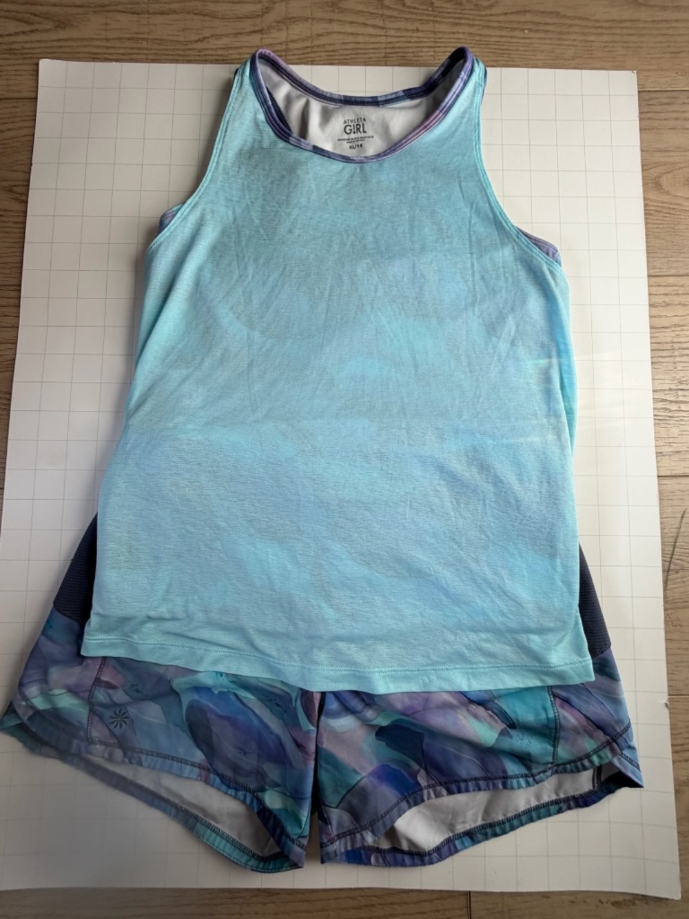 Athleta Girl Record Breaker Short & Tank Set XL 14 Blue Purple Watercolor 2PC